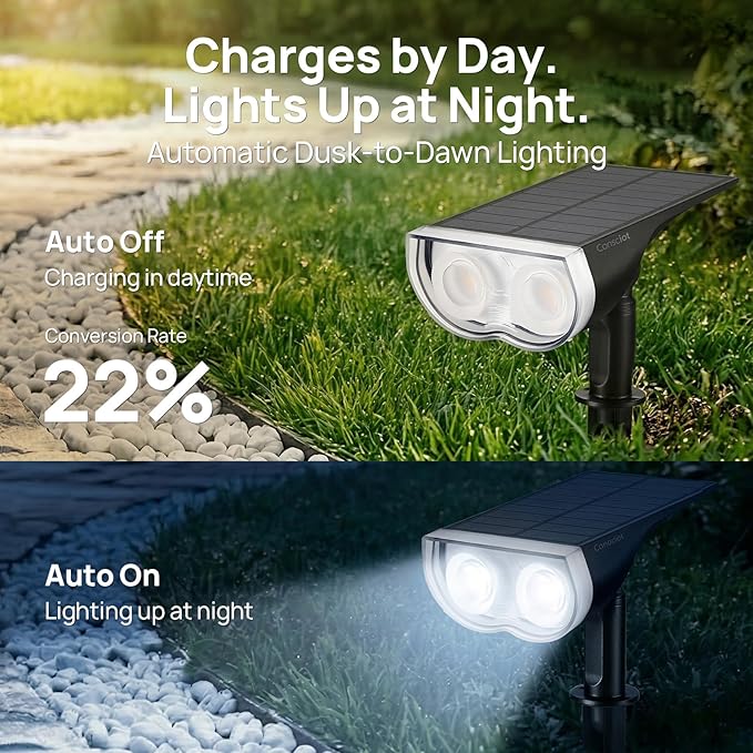 Consciot Solar Lights Outdoor Waterproof IP67, 3 Lighting Modes Solar Spot Lights Outdoor, Auto On/Off, 2-in-1 Solar Landscape Light for Yard Garden Landscape Pathway, Cool White 6500K, 4 Pack