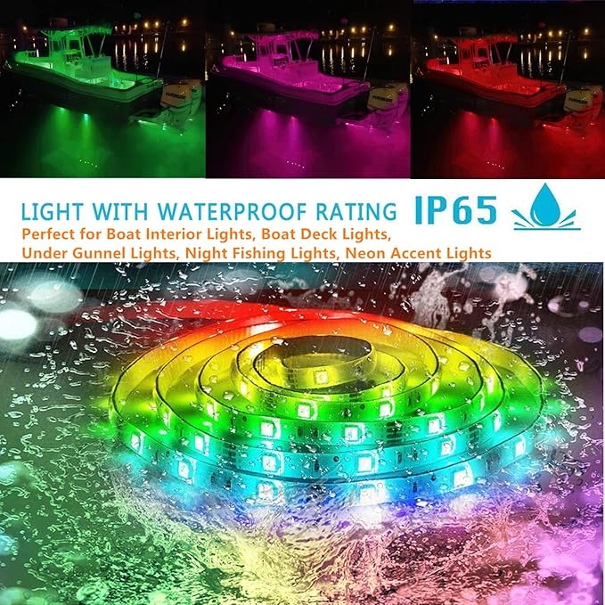 Led Strip Boat Lights Kit, 100FT Bluetooth Multi-Color Marine Pontoon Led Lights, Waterproof Boat Interior Light, Under Gunnel Deck Light, Night Fishing Lighting, APP/Remote Control, Sound Music Sync