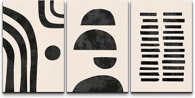 wall26 Wall Art Print Set Black and Tan Semi Circles and Lines Geometric Shapes Digital Art Modern Art Mid-Century Modern Relax/Calm for Living Room, Bedroom, Office - 16"x24" x 3