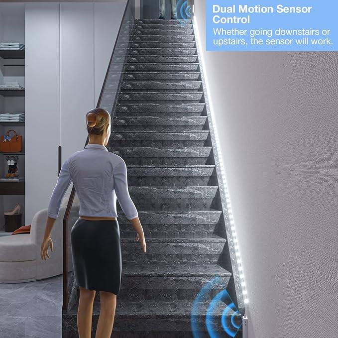 WOBANE Dual Motion Sensor Stair Lights Strip, Rechargeable 16.4ft LED Strip Lighting,150 LEDs Cuttable Tape Light for Hallway,Under Cabinet,Cupboard,Shelves,Gun Safe,Flexible,6000K White