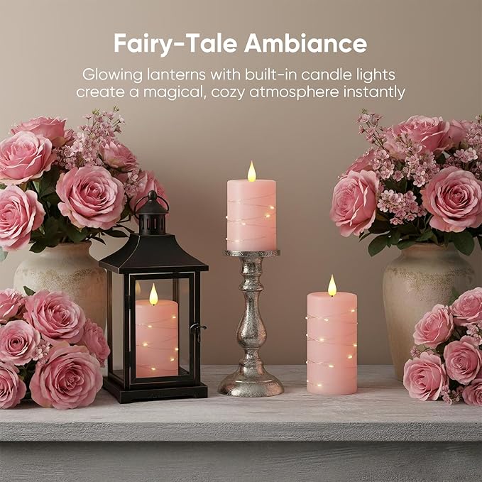Amagic 3"×4" 5" 6" Easter Decorations Flameless Candles with String Lights, Pink 11-Key Remote & Timer Battery Operated Flickering Led Pillar Candles Real Wax for Home, Lantern Decor, Set of 3
