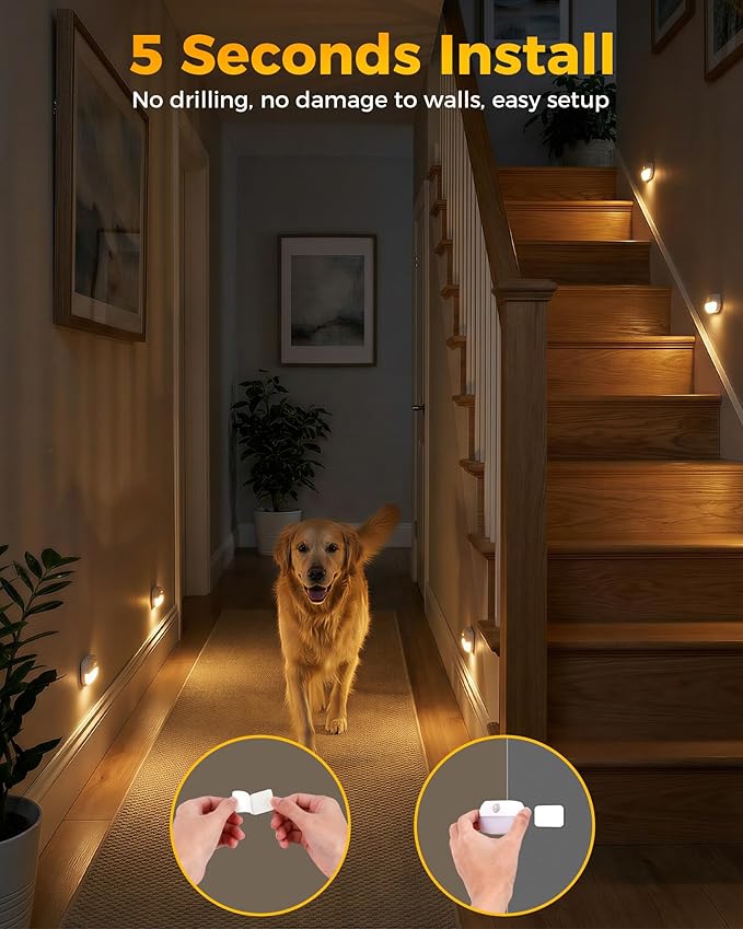 4 Pack Battery Motion Sensor Stair Lights, Indoor Closet Light, Wireless Stick On Hallway Night Light, Battery Operated LED Lights for Stairway Closet Bedroom Cabinet Toilet Bathroom