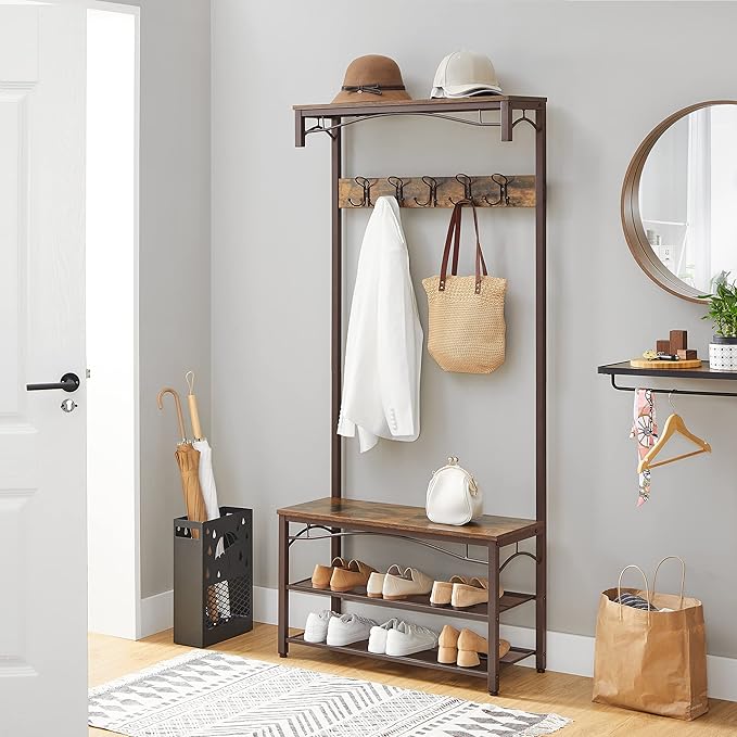 VASAGLE Coat Rack, 3-in-1 Hall Tree, Entryway Shoe Bench Coat Stand, Storage Shelves Accent Furniture Steel Frame Large Size, Industrial, Rustic Brown and Bronze UHSR45AX