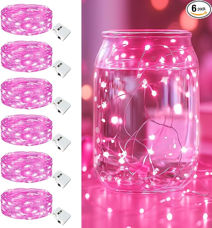 6 Pack Fairy Lights Battery Operated - 7ft 20 Led Twinkle Lights 3 Modes, Bulk Mini String Light Waterproof for Mason Jars Vases DIY Party Wedding Decoration Valentines Day - Pink