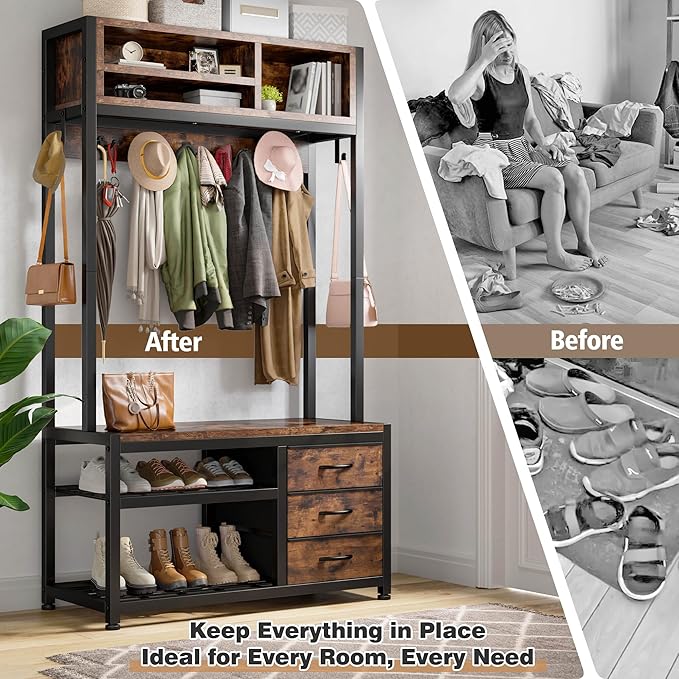 Raybee Hall Tree with Bench and Shoe Storage, Coat Rack Freestanding with 3 Fabric Drawers, Entryway Bench with Shoe Storage, Hall Tree with 12 Hooks for Hallway, Rustic Brown