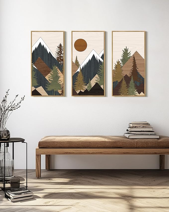 KUVIOKE Huge 16x32in Wooden Mountains Range Landscape Wall Art Framed Tree Nature Wall Decor Farmhouse Rustic Prints Kitchen Living Room Ready to Hang Natural Framed