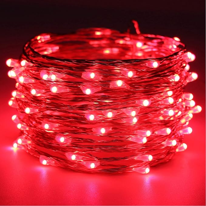 RUICHEN Silver Wire Fairy Lights Plug in 33 Ft 100 LED String with Spool, Red