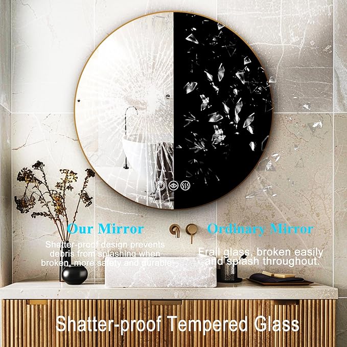 Round Bathroom Mirror with Lights, 36x36 Inch Vanity Mirror with Backlit, Anti-Fog, 3 Colors and Stepless Dimmable Wall Mounted Makeup Mirror with Metal Frame (Gold)