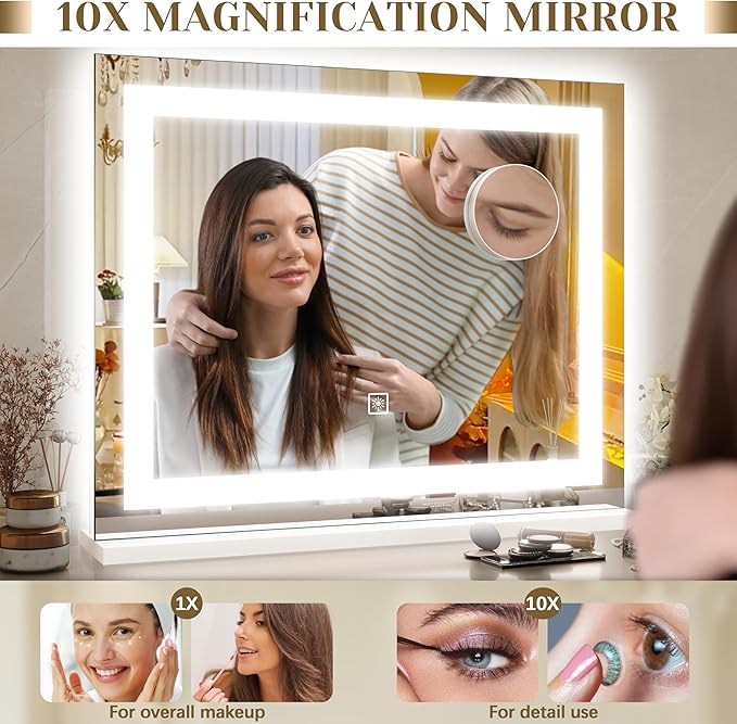 ROLOVE 22x19 Inch Lighted Vanity Mirror, Large LED Makeup Mirror with 3 Color Modes, Dimmable Touch Control, Wall Mount & Tabletop, with Detachable 10X Magnification Mirror, White