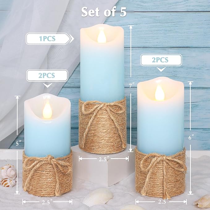 Crystal Club Blue Flameless Candles, Set of 5 Battery Operated LED Pillar Candles with Timer, Real Wax Candle Set with Remote for Home Bedroom Décor