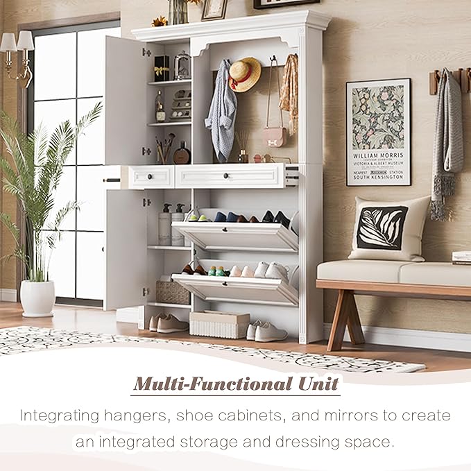 Merax Hall Tree with Shoe Storage, Entryway Coat Rack with 4 Hooks, 2 Flip Drawers, and 2 Cabinets, Modern Hall Trees for Hallway, Living Room,White