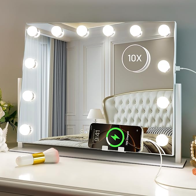 Kottova Vanity Mirror with Lights, LED Makeup Mirror, Lighted Makeup Mirror with 10X Zoom Mirror, Smart Touch 3 Colors Dimmable,360° Rotation,Suitable for Vanity Desk & Tabletop, White(19.6"x15.7")