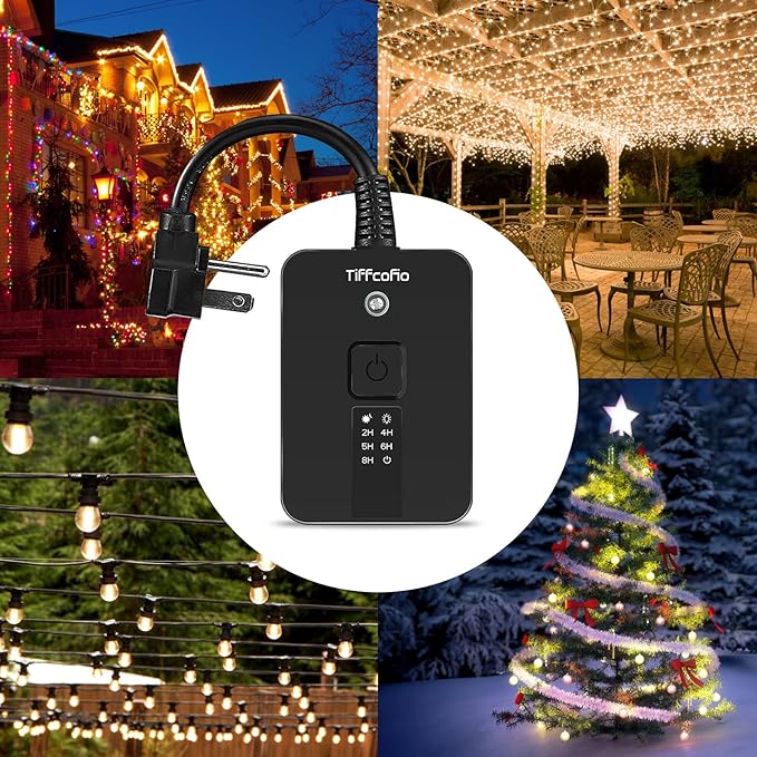 TiFFCOFiO Outdoor Timer Waterproof, Remote Control Dusk to Dawn Sensor, 2 Grouded Electrical Outlets for Lights,15A 1875W, ETL Listed