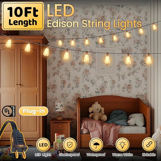 10FT Outdoor String Lights - LED Waterproof Patio Lights with Shatterproof ST38 Edison Plastic Bulb, Connectable Hanging Lighting for Outside Indoor Backyard Yard Gazebo Porch Party Decor - SOLROS