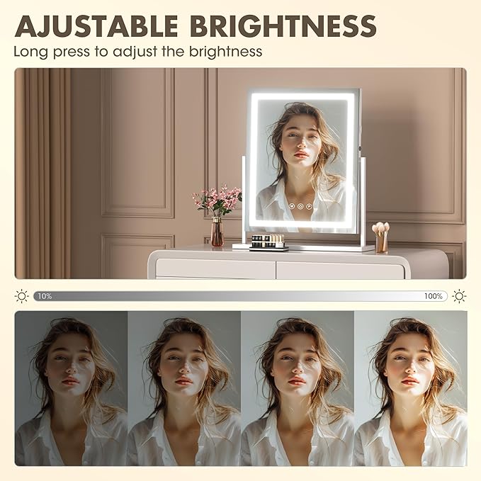 Hasipu Vanity Mirror with Lights, 35 x 45cm LED Tabletop Makeup Mirror for Desk, LSmart Touch 3 Color Modes and Brightness Adjustment, 10X Magnifying Glass,360° Rotation, White