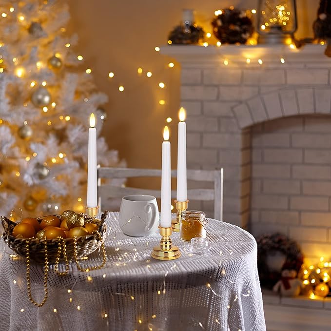 Flameless Taper Candles Flickering with Remote Timer, 4PCS Battery Operated Window Candles with Gold Candlesticks and Suction Cups, 8 Inch Warm White 3D Flame Candle for Home, Xmas Decor(White)