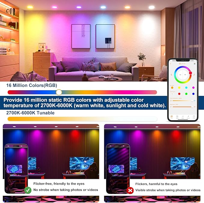 Black 24 Pack Smart Recessed Lighting 4 Inch RGBCW Color Changing 12W LED Downlight with Junction Box,1080 Lumen Recessed Ceiling Light Compatible with Alexa,Dimmable by Bluetooth Control