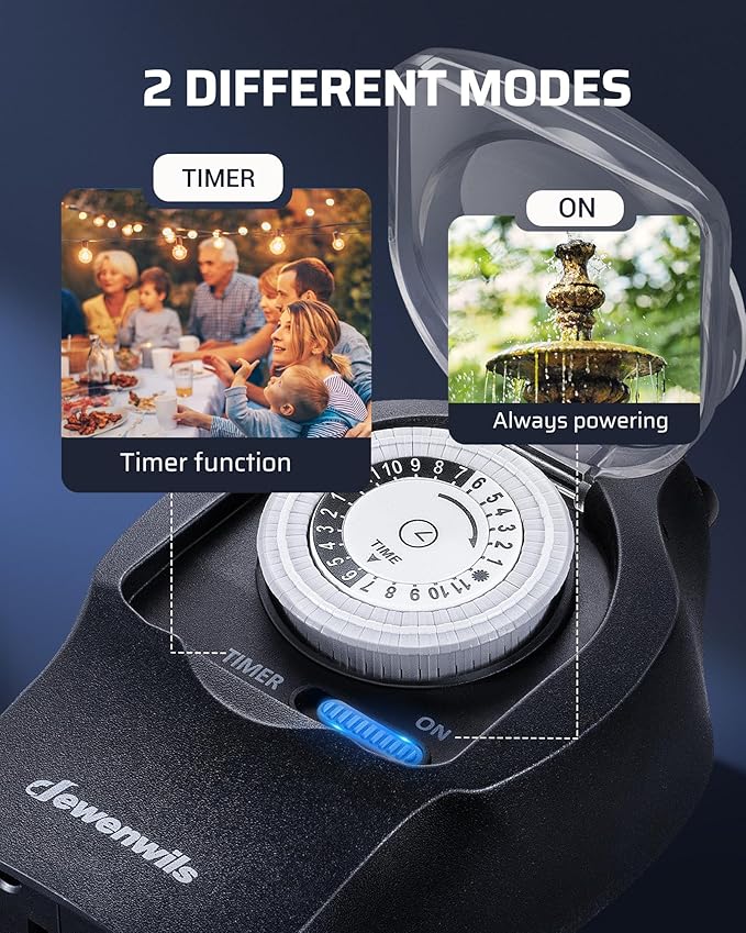 DEWENWILS 1 Pack Mechanical Light Timer for Outdoor Lighting, 24-Hour Plug in Timers, Heavy Duty Programmable Timer Switch with 2 Grounded Outlets for String Lights, 15A 1/2HP UL Listed