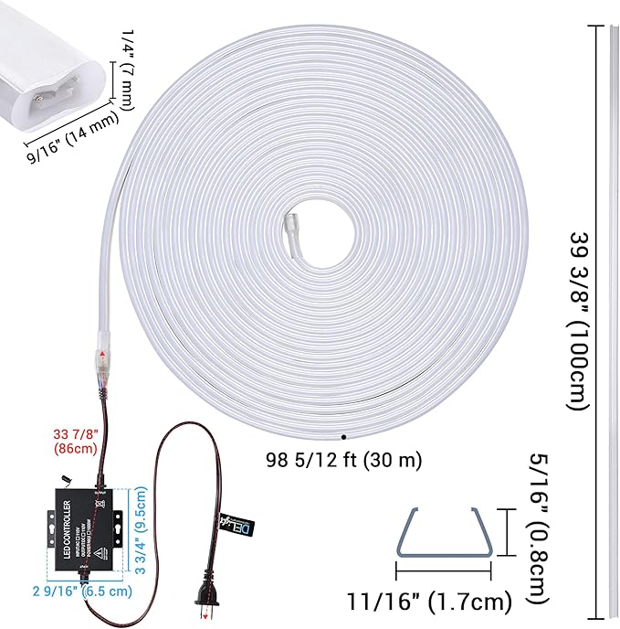 DELight AC 110-120V Waterproof IP65 Cozy 2700K Warm White 100ft Railing Neon Rope Lights with U Channel Remote Control Dimmable Cuttable Flexible LED Strip Lights Outdoor Patio Retro Vibe DEL-D1M100W