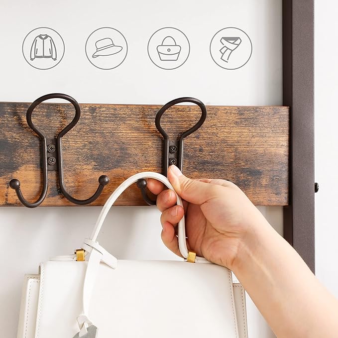VASAGLE Coat Rack, 3-in-1 Hall Tree, Entryway Shoe Bench Coat Stand, Storage Shelves Accent Furniture Steel Frame Large Size, Industrial, Rustic Brown and Bronze UHSR45AX