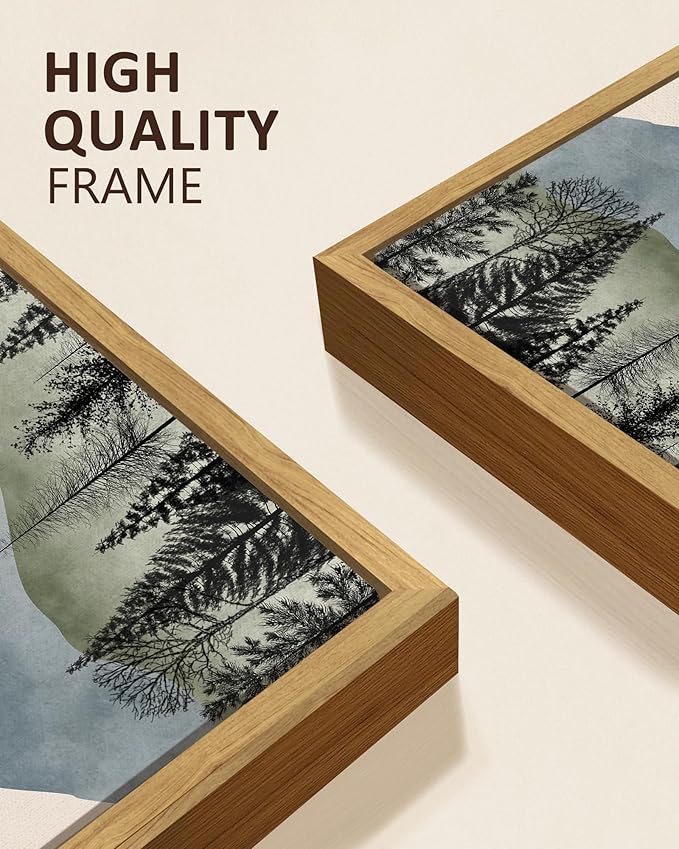 KUVIOKE Watercolor Mountains Range Landscape Wall Art Framed Tree Nature Wall Decor Sun Rises Prints Bedroom Living Room Ready to Hang 8x16in3pcs Natural Framed