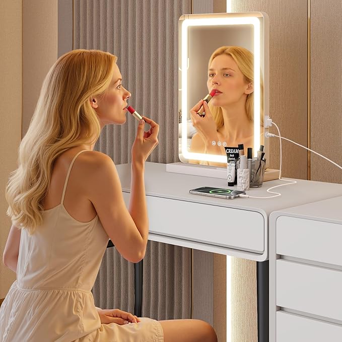 Sweetcrispy 18"x13" LED Vanity Mirror with Lights, Small Smart Makeup Mirror with Touch Control, Dimmable Lighting