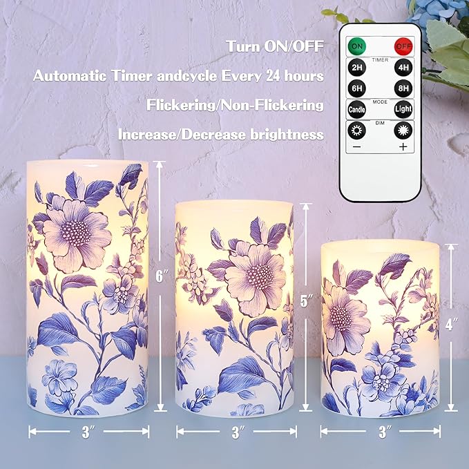 Crystal Club Chinoiserie Decor Flameless Candles Blue and White Porcelain Floral Battery Operated LED Pillar Candles with Remote & Timer Real Wax Candles Floral Decor for Home Wedding Centerpiece