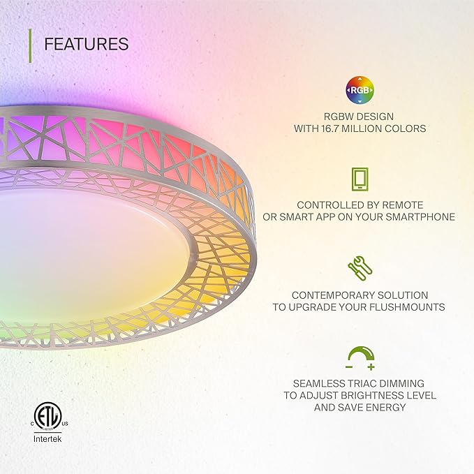 ASD 16 Inch Smart RGBW Flush Mount Ceiling Light with Remote - Brushed Nickel 28W 120V 2700-6500K Dimmable Ceiling Light Fixture, WiFi App Control RGB Lights, Alexa & Google Assistant - ETL