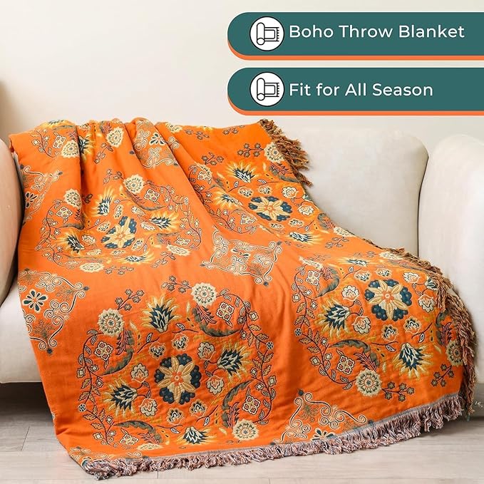 Boho Throw Blanket for Chair, 100% Cotton Woven Rustic Quilt with Tassel 50”x60”, Super Soft Muslin Blanket with Floral, Decorative Reversible Bed Blanket/Sofa Cover for All Seasons- Orange