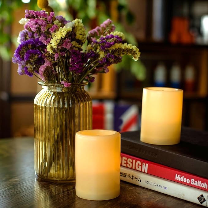 CANDLE CHOICE Outdoor Battery Operated Flameless Candles with Remote Timer Waterproof Flickering Plastic Electric LED Pillar Lights for Lantern Patio Garden Wedding Party Decorations D3”xH4” 2 Pack