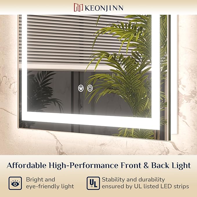 Keonjinn LED Bathroom Mirror with Lights 36" x 36", Frontlit & Backlit LED Mirror for Bathroom Wall with Dimmable 3-Color Lights, Anti-Fog Mirror with HD Tempered Glass, UL-Listed LED Driver