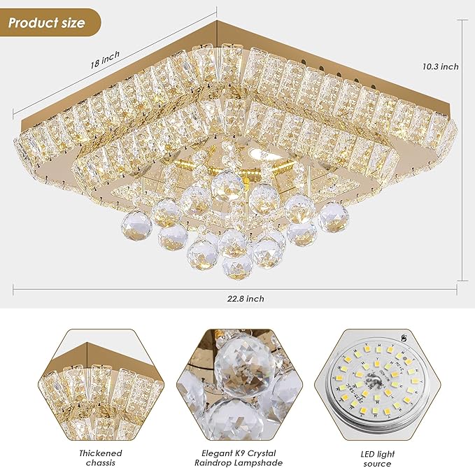 REDSTAR 18" Gold Crystal Ceiling-Light Flush Mount with Remote and APP, 3 Colors Temp & Brightness Adjustable, Modern Crystal Raindrop Chandeliers for Bedroom Hallway Dinning and Living Rooms-Square