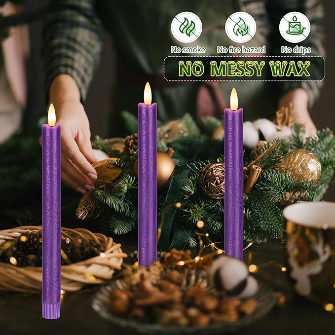 Purple Flameless Taper Candles with Remote, 3 Pack Real Wax Battery Operated Candles, 9.6 Inch Flickering Led Christmas Candlesticks Decorations for Winter Home Holiday Xmas Gift