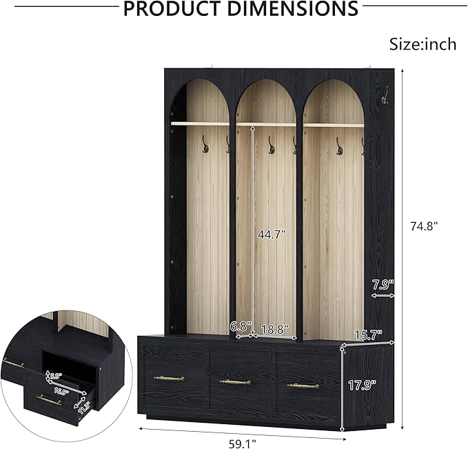Bellemave Farmhouse Hall Tree with Bench and 3 Drawers, Entryway Bench with Coat Racks and Shoe Storage, 4 Hooks and Shelves (Black)