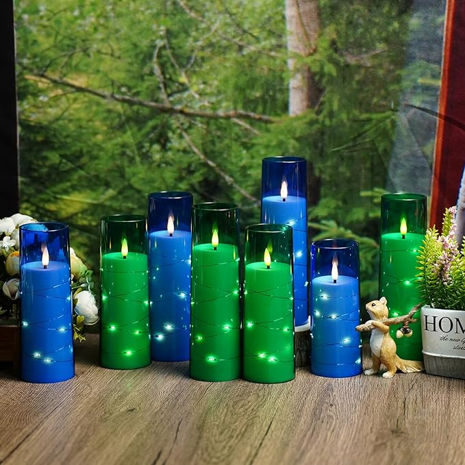 Flameless Candles with Embedded Star String, Battery Operated LED Pillar Candles with Timer and Remote Control,Home Decorating for Ambiance， Set of 7 (Blue)