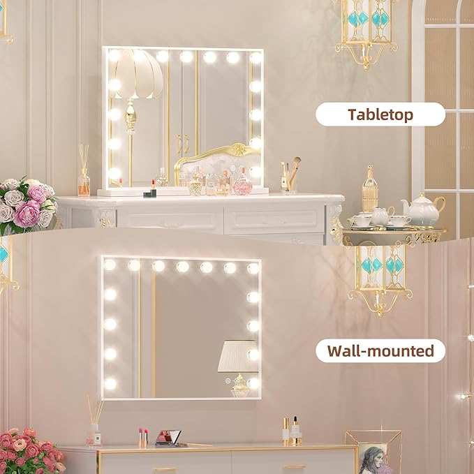 FENCHILIN Vanity Mirror with Lights and Bluetooth Speaker 22.8"x 18.1" Makeup Mirror Lighted Hollywood Mirror with 15 Dimmable LED Bulbs USB Charge Port, 3 Color Lighting Modes