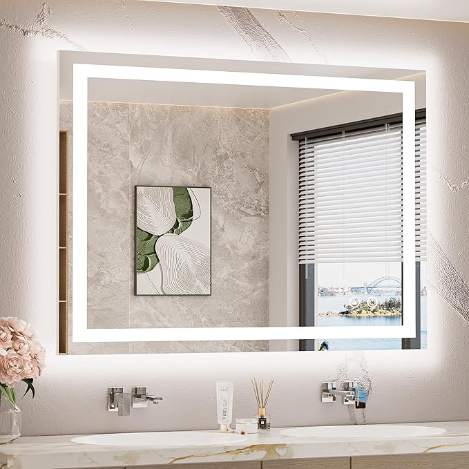 TETOTE LED Lighted Bathroom Mirror with Lights 40 x 30 Brighter Front and Backlit Light up Mirror for Bathroom Wall, Illuminated Vanity Anti Fog Mirror, 3-Color Stepless Dimmable, Tempered Glass
