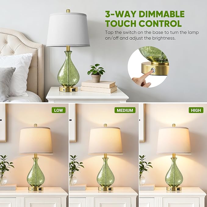 QiMH Green Glass Table Lamps for Living Room, Bedside Lamps Set of 2 with USB A+C Charging Ports, 3 Way Dimmable Touch Lamps for Nightstand, 22.5" Modern Table Lamp for Bedroom, Gold(Bulb Included)