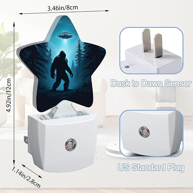 Big Foot UFO Night Lights Plug Into Wall,Forest Landscape Star Night Light for Kids,Nightlight with Dusk to Dawn Smart Sensor for Bedroom Bathroom Decor,Children Women Men Gift