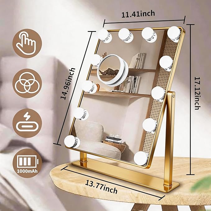 Makeup Vanity Mirror with Lights 17.12"x13.77" LED Makeup Mirror Detachable 10X Magnification, Hollywood Make Up Mirror with Lighting, Smart Touch, Rechargeable,360° Rotation, (Gold)