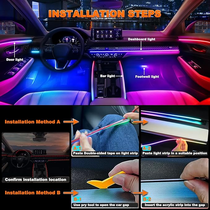 Car LED Strip Lights, Interior Acrylic LED Lights for Car with Dynamic Rainbow Dream Color Chasing, Ambient Lighting Kits Music Sync (8 in 1(6 * 29.5+43.3+14.5 inches))