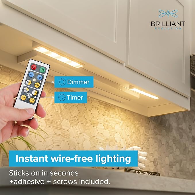 Brilliant Evolution 0.6" Ultra-Thin Wireless Under Cabinet Lights - 4 Pack, 8.5"L Battery-Operated LED Fixtures with 2 Remotes 3000K Warm White Stick-On Lighting, Timer Included for Kitchen & Counter