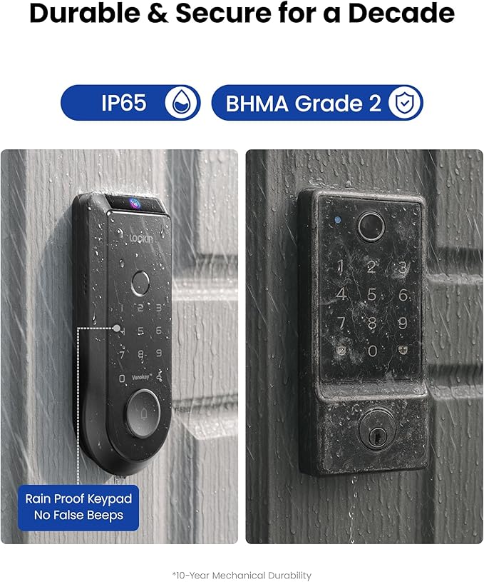 Lockin Veno Smart Deadbolt Lock with Dual Swappable Batteries for 14-Month Extended Power, Palm Vein & Fingerprint Keyless Entry, Built-in Wi-Fi, Doorbell, App Remote Control, IP65 Waterproof