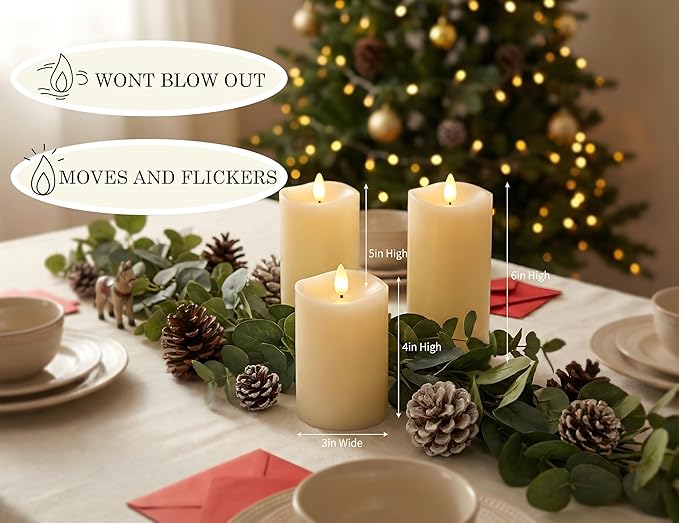 Flameless Pillar Candles Flickering with Remote Timer, Battery Operated LED Candles Up to 400 Hours, 3D Moving Flame Real Wax Candles. (Ivory Melted Top)