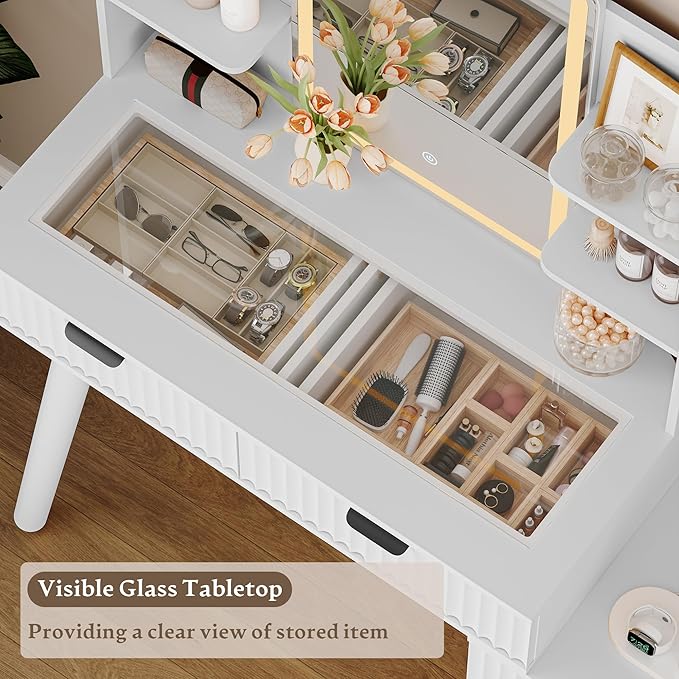 Vanity Desk With HD Lighted Mirror and Lights, Fluted Small Makeup Vanity with Storage Drawers & Shelves, Modern Dressing Table Set with Power Outlet & Glass Table Top for Women Girls Bedroom, White