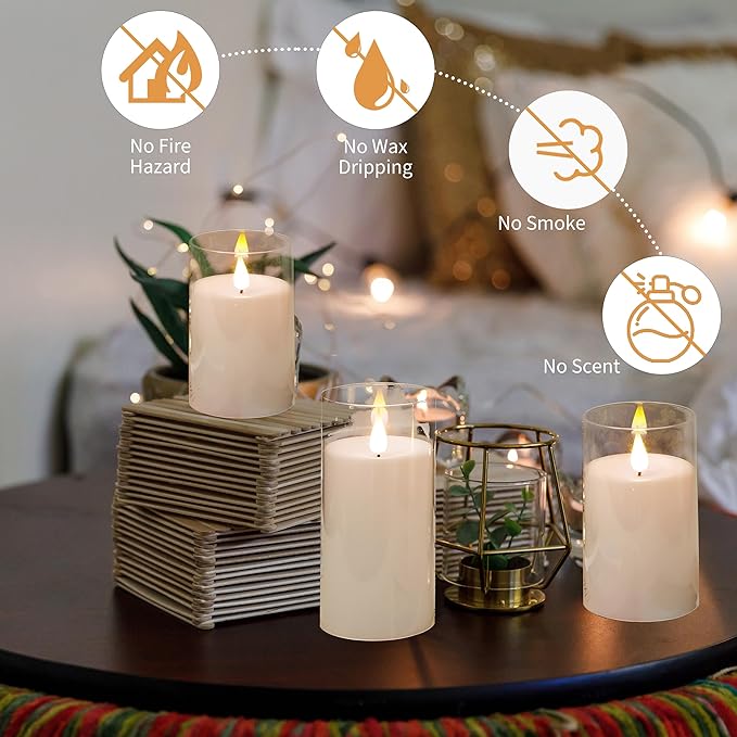 NICEME Flickering Flameless Candles with Remote Control Timer Unbreakable Acrylic Battery Operated LED Candles with Flickering Flame 3D Wick for Romantic Ambience Home Decor Set of 3, D3” xH4” 5” 6”