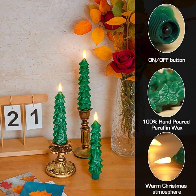 Christmas Tree Taper Candles with Remote & Timer, Flameless Christmas Tree Wax Battery Operated Green Tree LED Candle for Christmas Home Decor (3pcs,7inch)