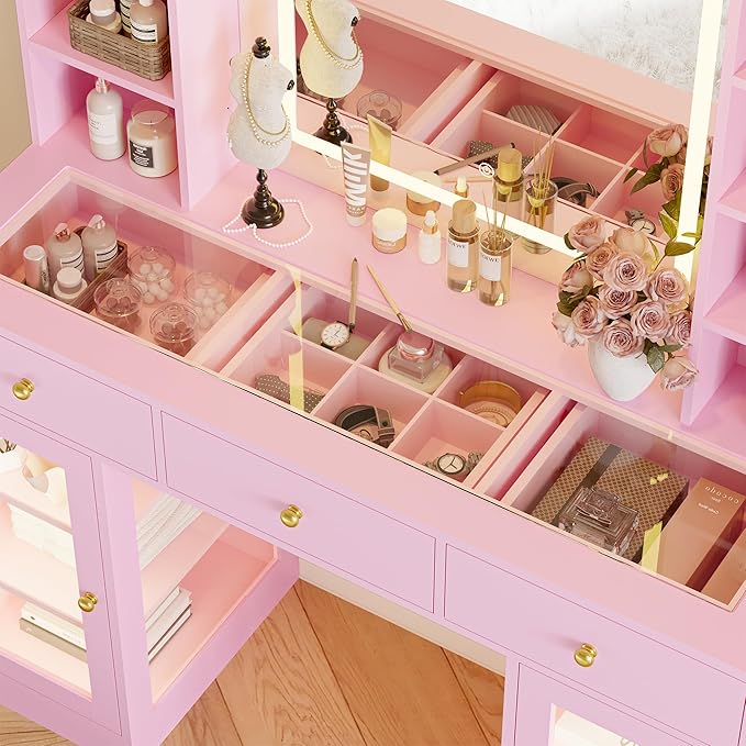 Makeup Vanity Desk with Mirror and Lights, 43" Pink Vanity with Glass Top, Jewelry Storage, 3 Drawers & Glass Cabinets, Power Outlet & Adjustable LED Lights, Dressing Table for Women & Girls Bedroom