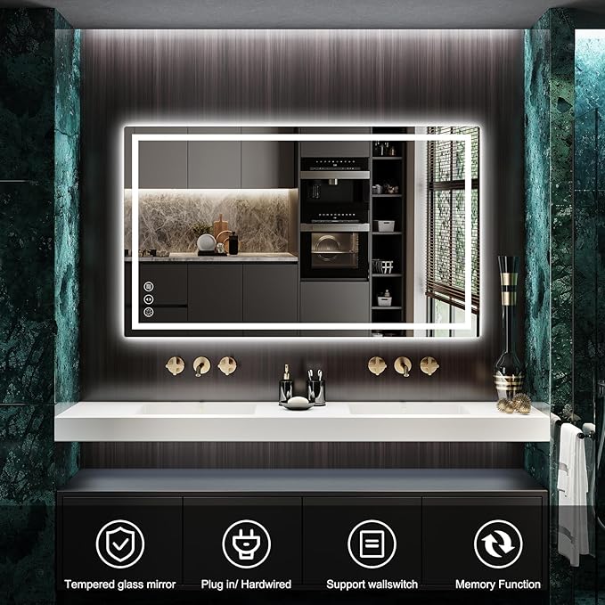 55x36 LED Bathroom Mirror with Lights, Anti Fog Vanity Mirror Wall Mounted, Dimmable Front Light and Backlight, Memory Function Tempered Glass, Shatter Proof ETL Listed