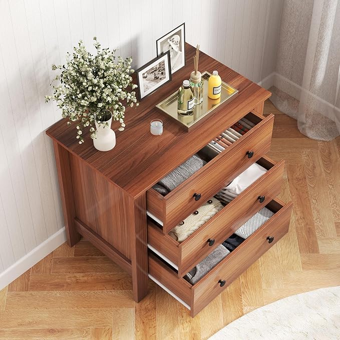 Giantex Small 3-Drawer Dresser for Bedroom - 28.5” x 18” x 26” Wide Chest of Drawers, Modern Large Nightstand, Storage Cabinet, Closet Storage Organizer for Living Room, Hallway (Walnut)